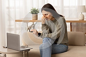 Tired Young Woman Feeling Eyes Strain After Using Laptop