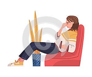 Tired Young Woman Sitting on Armchair Scratching Forehead Vector Illustration