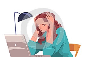 Tired Young Woman Sitting at Laptop Holding Head with Hands Vector Illustration