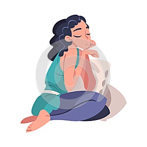 Tired Young Woman Sitting Leaning on Pillows Vector Illustration