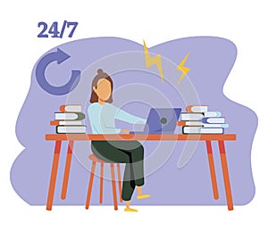 Tired young woman working on her laptop among piles of papers and documents. Stress in the office. Rush work. Modern vector