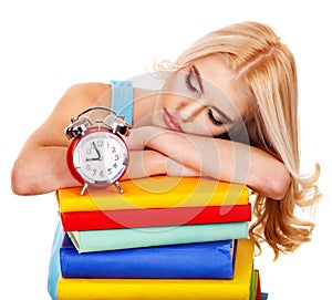 Tiredness student sleeping on book.