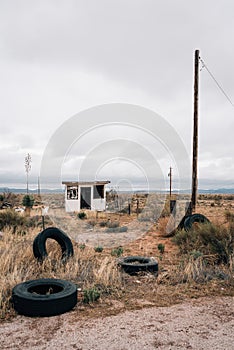 Tires and abandoned shack in the desert of New Mexico