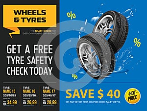 Tires banner. Magazine ad unit. Tyre  advertisement poster. Marketing. Website. Realistic vector shining disk car wheel tyre. Wate