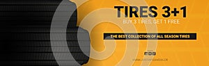 Tires car advertisement poster. Black rubber tire on the background with wheel tire tracks.