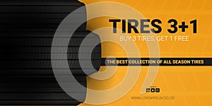 Tires car advertisement poster. Black rubber tire on the background with wheel tire tracks.