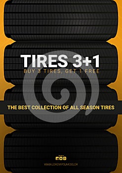 Tires car advertisement poster. Black rubber tire on the background with wheel tire tracks.