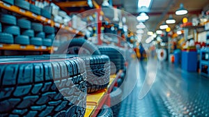 Tires in a car repair shop. Auto service industry concept