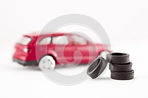 Tires in front of toy car