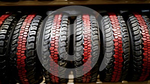 Tires in military formation, one rebel breaks uniformity in regimented rows of black rubber photo
