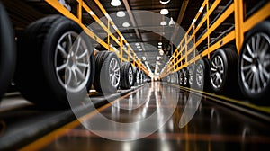 Tires neatly stacked in rows in a modern parking garage