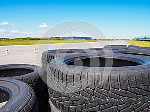 An empty circuit. Tires on the racetrack.