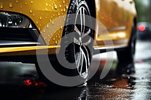 Tires in rain Close up view, car maneuvering on wet pavement