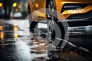 Tires in rain Close up view, car maneuvering on wet pavement