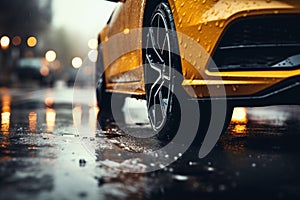 Tires in rain Close up view, car maneuvering on wet pavement