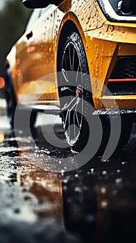 Tires in rain Close up view, car maneuvering on wet pavement