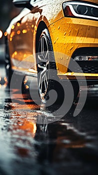 Tires in rain Close up view, car maneuvering on wet pavement