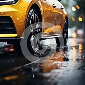 Tires in rain Close up view, car maneuvering on wet pavement