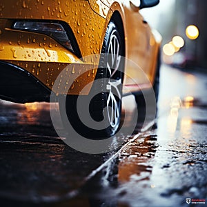 Tires in rain Close up view, car maneuvering on wet pavement