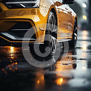 Tires in rain Close up view, car maneuvering on wet pavement