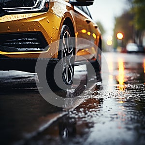 Tires in rain Close up view, car maneuvering on wet pavement