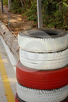 Tires on the road at the speedway.