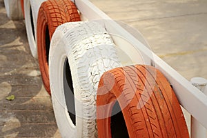 Tires on the road at the speedway.