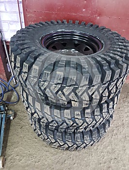 Tires showing for sell or fix in the shop