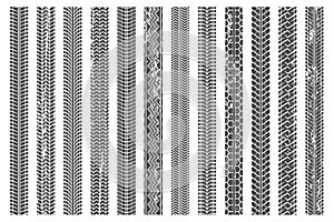 Tires tread tracks. Dirty tire track, grunge texture treads pattern and truck car trace vector illustration set