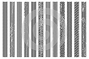 Tires tread tracks. Dirty tire track, grunge texture treads pattern and truck car trace vector illustration set