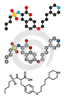 Tirofiban anticoagulant drug molecule. Stylized 2D renderings and conventional skeletal formula.