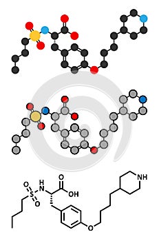 Tirofiban anticoagulant drug molecule. Stylized 2D renderings and conventional skeletal formula. photo