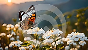 Tirumala limniace butterfly on a white flower, on a mountain in the sunset