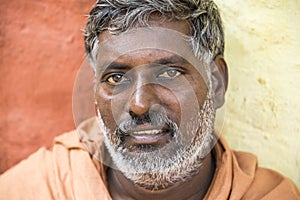 TIRUVANNAMALI, TAMIL NADU, INDIA - MARCH Circa, 2018 . Portrait Sadhu at Ashram Ramana Maharshi. Sadhu is a holy man, who have cho