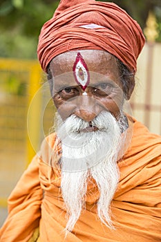 TIRUVANNAMALI, TAMIL NADU, INDIA - MARCH Circa, 2018 . Portrait Sadhu at Ashram Ramana Maharshi. Sadhu is a holy man, who have cho