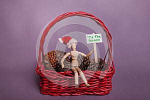 Tis the Season picket sign held by jointed manikin doll wearing Santa hat red basket and pine cones Christmas scene