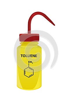 Vector plastic laboratory yellow wash bottle with toluene. Illustration of a nonpolar chemical solvent isolated.