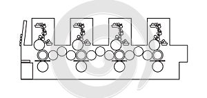 Vector line or outline icon of a printing machine Ã¢â¬â offset printing press from inside with cylinders and detail of printing unit