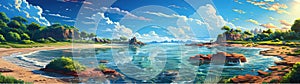 Cartoon summer beach. Paradise nature vacation, lake or sea seashore. Seaside landscape background illustration - AI generated