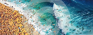 Aerial view crowded public beach with colourful umbrellas, Sandy beach with tourists swimming in beautiful clear - AI generated