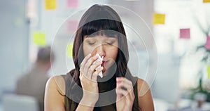 Tissue, sneeze and business woman face sick from flu virus, sinus cold or office bacteria infection, disease or runny