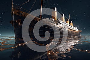 titanic wreck in the bottom of atlantic ocean illustration generative ai