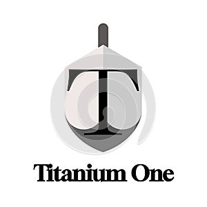 Titanium one text in black with black t letter on grey shield logo on white background