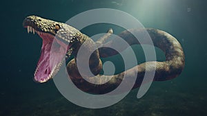 Titanoboa cerrejonensis in water, the longest snake that ever lived 3d science rendering
