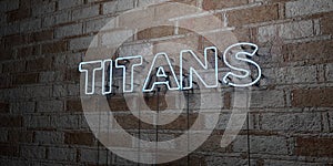 TITANS - Glowing Neon Sign on stonework wall - 3D rendered royalty free stock illustration photo