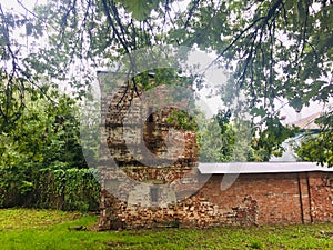 Tithe monastery, crumbling antiquity, architectural monument, Veliky Novgorod.