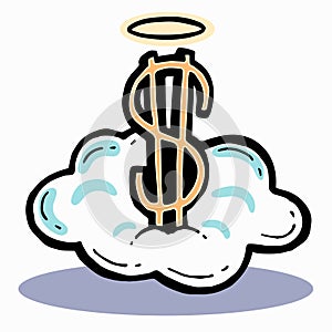Tithe offering money icon holy charity deposit gold money symbol donation on a cloud with golden halo art illustration