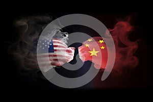 Titile: Smoke shaped American and Chinese flags on black background symbolizing conflict and war over Taiwan, generative AI