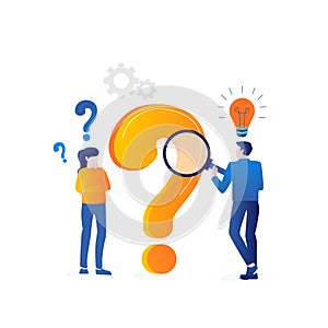 Title: Asking Business question mark characters male and female Ideas bulb glowing setting icon orange and blue