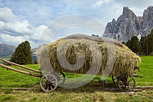 Title: cart with hay against the backdrop of the Dolomites